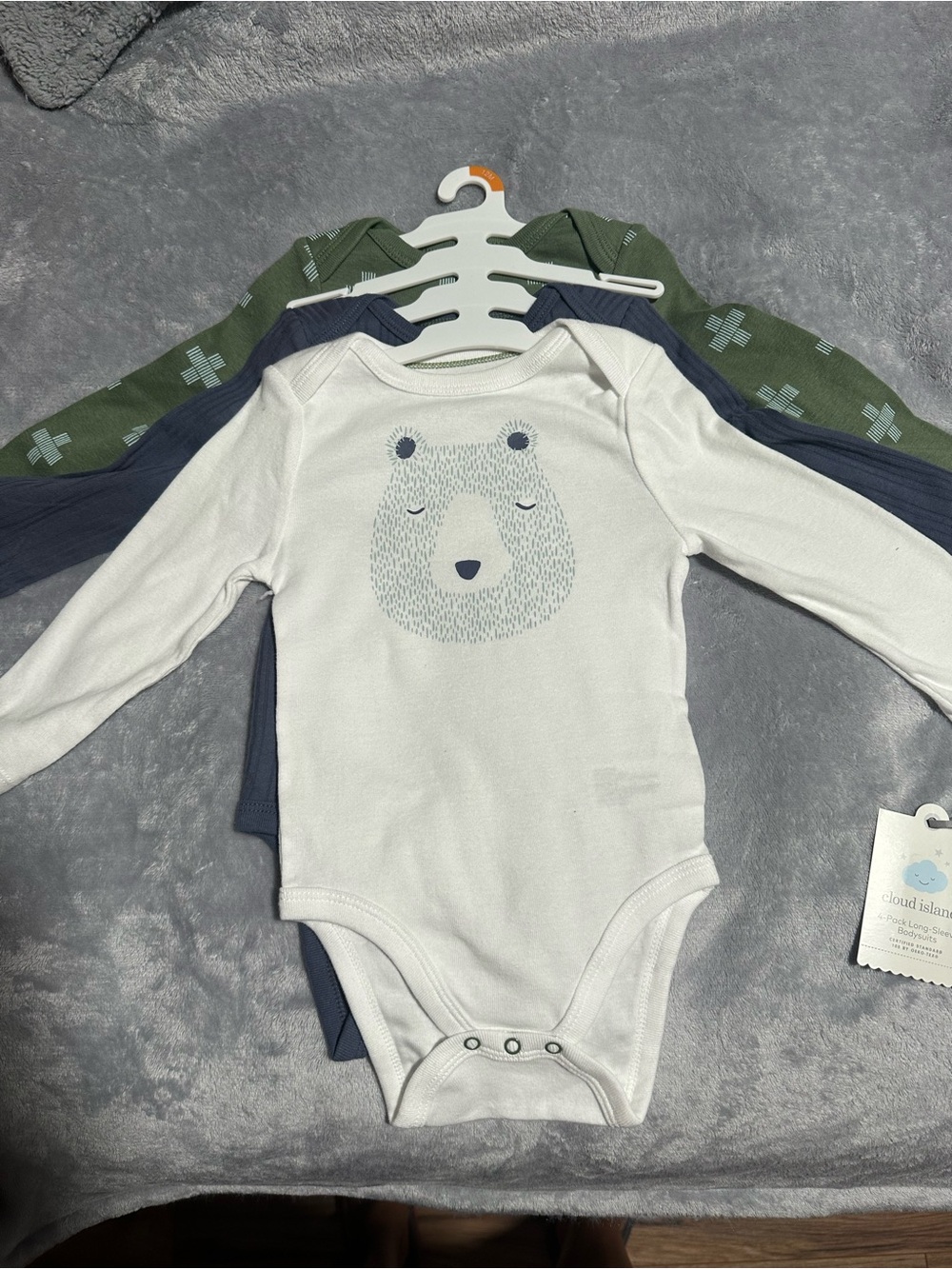 cloud island White, Navy & Olive Green Bear Graphic Bodysuit 3-Pack